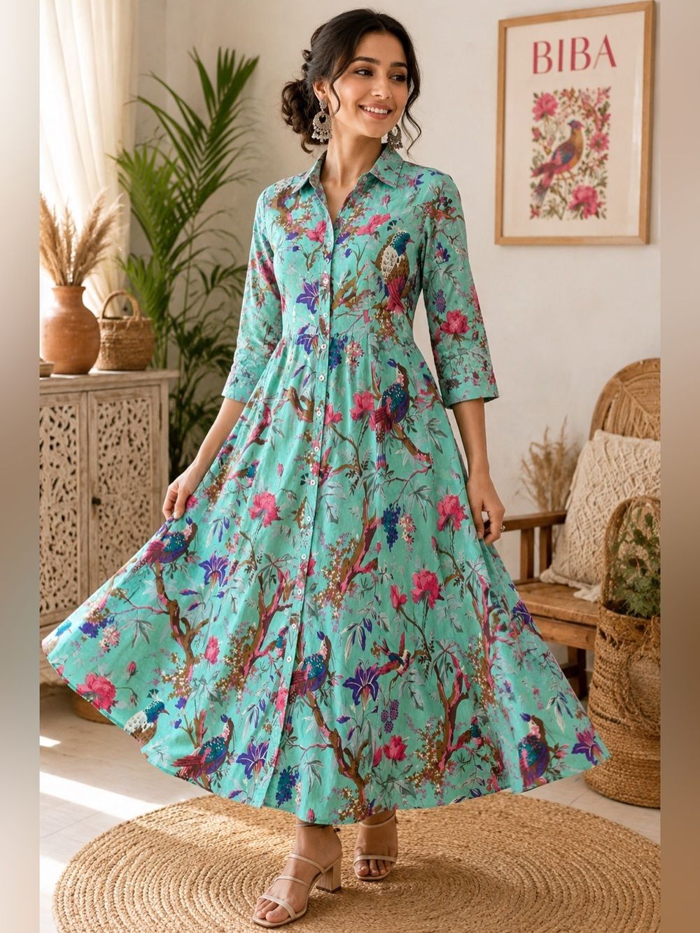 BIBA Bird & Floral Print Button Front Midi Shirt Dress | Size 34 XS/S